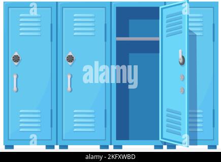 School locker. Students metal lockers or gym sports cabinets for college teenagers, cloakroom cupboard open closed doors, fitness steel closet cartoon vector illustration of college locker storage Stock Vector
