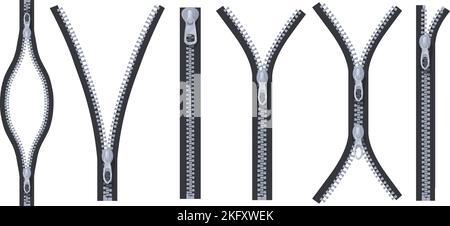 Open zippers. Opening and closure zipper lock, closed half zip cloth puller hardware textile, unzip fashion accessories metal fastener for jacket or pants, neat vector illustration of closure zip open Stock Vector
