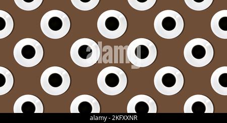 Cups of black coffee on mocha brown background. Contemporary still life, top view. Seamless pattern Stock Photo