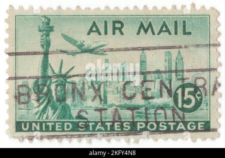 USA - 1947: An 15 cents bright blue-green Air Post stamp depicting Statue of Liberty and New York Skyline. For prepayment of postage on all mailable matter sent by airmail. Colossal neoclassical sculpture on Liberty Island in New York Harbor in New York City, in the United States. The copper statue, a gift from the people of France, was designed by French sculptor Frédéric Auguste Bartholdi and its metal framework was built by Gustave Eiffel. The statue was dedicated on October 28, 1886. The statue is a figure of Libertas, a robed Roman liberty goddess Stock Photo