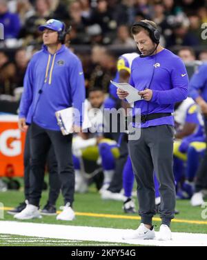 New Orleans, USA. 20th Nov, 2022. Los Angeles Rams head coach Sean McVay looks over some plays during a National Football League contest at Caesars Superdome in New Orleans, Louisiana on Sunday, November 20, 2022. (Photo by Peter G. Forest/Sipa USA) Credit: Sipa USA/Alamy Live News Stock Photo