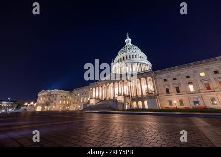 The east side of the United States Capitol Building in Washington, DC on a late autumn night. Spotlights illuminate the Capitol Dome. Stock Photo