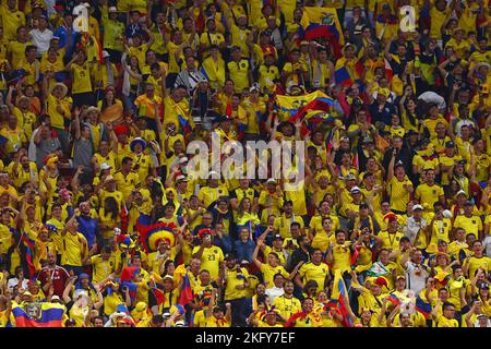 Doha, Qatar. 20th Nov, 2022. Ecuador fans celebrate during the 2022 FIFA World Cup Group A match at the Al Bayt Stadium in Doha, Qatar on November 20, 2022. Photo by Chris Brunskill/UPI Credit: UPI/Alamy Live News Stock Photo