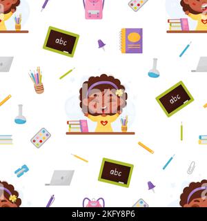 Seamless pattern back to school. Dark-skinned happy schoolgirl, school education items and stationery in flat cartoon style on white background Stock Vector