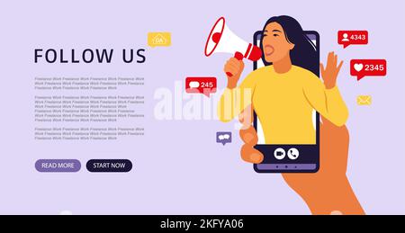 Hands holding smartphone with a girl shouting in loud speaker. Influencer marketing, social media or network promotion. Landing page. Stock Vector