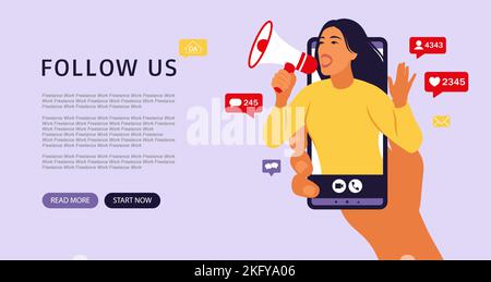 Hands holding smartphone with a girl shouting in loud speaker. Influencer marketing, social media or network promotion. Landing page. Stock Vector