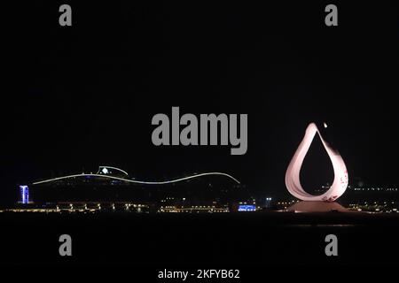 Doha, Qatar. 20 th. november 2022. Logo of Fifa World Cup over the sea. Stock Photo