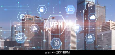 VPN network security internet privacy encryption concept. City background Stock Photo