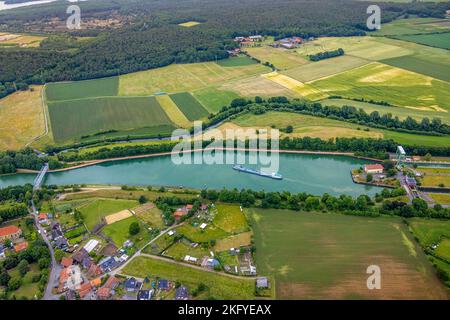 Aerial view, inland navigation at the Flaesheim lock, Wesel-Datteln canal, Flaesheim, Haltern am See, Ruhr area, North Rhine-Westphalia, Germany, Inla Stock Photo