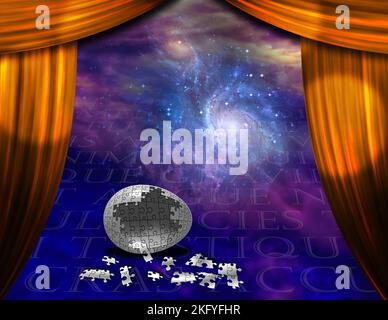 Puzzle egg in surreal space scene. 3D rendering Stock Photo