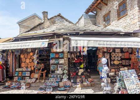 Souvenir stall in Bazzar Kujundžiluk at Stari Most (Mosta Bridge), Old Town, Mostar, Bosnia and Herzegovina Stock Photo