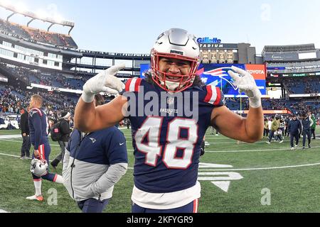 Foxborough, Massachusetts, USA. 20th Nov, 2022. New England Patriots linebacker Jahlani Tavai (48) after a game against the New York Jets in Foxborough, Massachusetts. Eric Canha/CSM/Alamy Live News Stock Photo