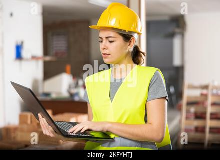 Female engineer using laptop in apartment Stock Photo