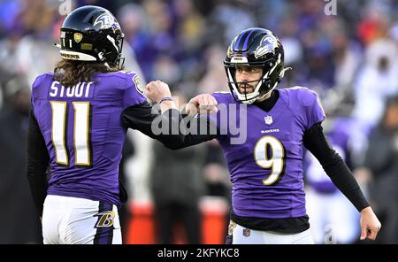 Baltimore Ravens punter Jordan Stout (11) in action during the