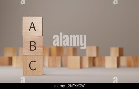 Stack of wood tile blocks with ABC sign, 3d rendering. Education, school and basic learning alphabet concepts Stock Photo