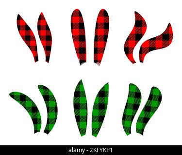 Set of bunny ears silhouettes with buffalo pattern. Cute rabbit ears with checkered gingham print for Easter or 2023 New year celebration party isolated on white background. Vector flat illustration Stock Vector