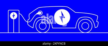 Electric SUV car charging on the station, outline vector illustration. Hybrid EV vehicle with voltage icon, filling up a battery. Stock Vector