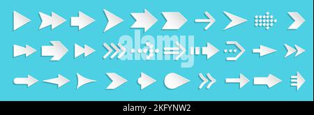 Arrows paper cut origami white icon big set. Different shape pointer symbol. Up down left right forward backward direction signs. Arrow cursor download upload previous next page web navigation button Stock Vector
