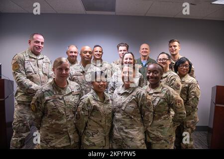 The 125th Fighter Wing Fatality Search and Recovery Team is pictured with Maj. Gen. James Eifert, the adjutant general, Florida National Guard, at the Jacksonville Air National Guard Base, Florida, Oct. 15, 2022. The FSRT was recognized for their painstaking efforts to locate and respectfully transport individuals who died as a result of the devastation brought by Hurricane Ian in September 2022. Stock Photo