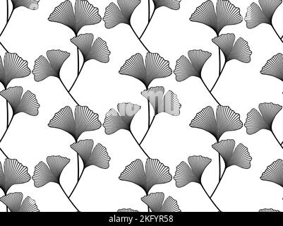 seamless pattern with hand drawn Ginkgo biloba leaves. Ink drawing, graphic style, logo template, vector illustration floral botanical background Stock Vector