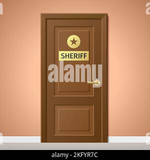 Sheriffs office room brown wooden door with golden signage, vector illustration. Stock Vector