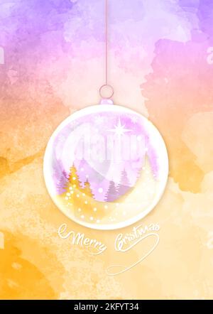 Merry Christmas ball shape. Winter seasonal holiday Christmas background, hand drawn colorful watercolor style. Christmas greeting card, snow globe Stock Vector