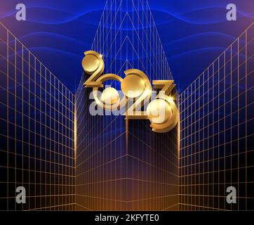 2023 new year greeting card with golden 3d number of the golden modern perspective. Art Deco style. Technology party concept. Banner, template luxury Stock Vector