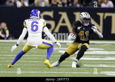 Inglewood, United States. 08th Dec, 2022. Las Vegas Raiders running back  Zamir White (35) and Los Angeles Rams cornerback Derion Kendrick (6)  exchange jerseys after an NFL game on Thursday, Dec. 8