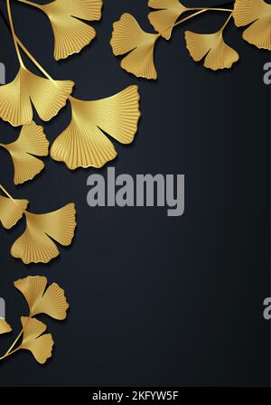 Gold frame of Ginkgo biloba leaves isolated on black background. Golden luxury border of floral leaves. Vector illustration botanical design template, Stock Vector