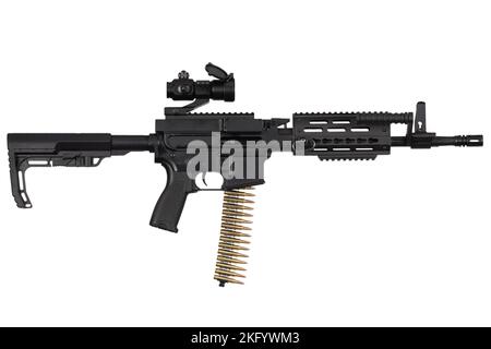 Carbine with belt-fed upper receiver that convert AR-15 or M16 from a standard, magazine rifle to light machine gun. Isolated on a white background Stock Photo