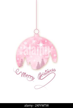 Merry Christmas pink ball shape. Winter seasonal holiday Christmas background. Christmas greeting card with snow globe and winter forest inside Stock Vector