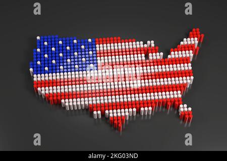 USA map with columns and colors of the flag. 3d illustration. Stock Photo