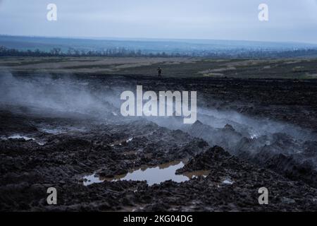 Ukraine. 20th Nov, 2022. A soldier from the 10th Mountain Assault Brigade of Ukraine walks back towards the BM-21 Grad multiple rocket launcher after it fired towards Russian positions. Credit: SOPA Images Limited/Alamy Live News Stock Photo