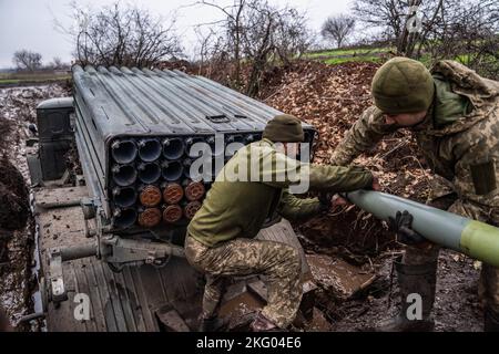 Ukraine. 20th Nov, 2022. Soldiers from the 10th Mountain Assault Brigade of Ukraine unload munitions from a BM-21 Grad multiple rocket launcher near the frontlines in Donbas, Ukraine. Credit: SOPA Images Limited/Alamy Live News Stock Photo