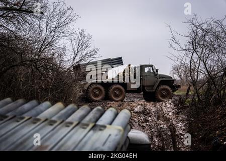 Ukraine. 20th Nov, 2022. Soldiers ride on the back of a BM-21 Grad multiple rocket launcher near the frontlines in Donbas, Ukraine. Credit: SOPA Images Limited/Alamy Live News Stock Photo