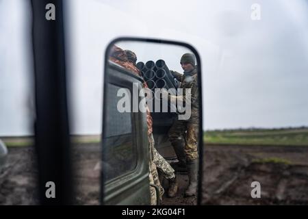 Ukraine. 20th Nov, 2022. Soldiers ride on the back of a BM-21 Grad multiple rocket launcher near the frontlines in Donbas, Ukraine. Credit: SOPA Images Limited/Alamy Live News Stock Photo