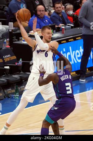 Washington, USA. 20th Nov, 2022. WASHINGTON, DC - NOVEMBER 20: Washington Wizards center Kristaps Porzingis (6) holds the ball high over Charlotte Hornets guard Terry Rozier (3) during a NBA game between the Washington Wizards and the Charlotte Hornets, on November 20, 2022, at Capital One Arena, in Washington, DC. (Photo by Tony Quinn/SipaUSA) Credit: Sipa USA/Alamy Live News Stock Photo