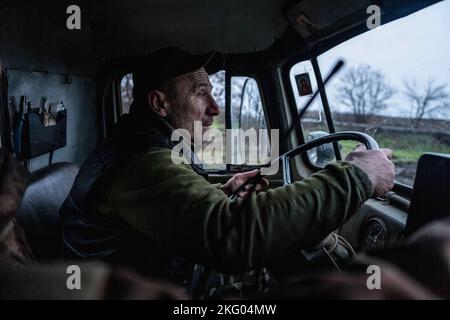 Ukraine. 20th Nov, 2022. A man drives a BM-21 Grad multiple rocket launcher of the 10th Mountain Assault Brigade of Ukraine through mud near the frontlines in Donbas. (Photo by Laurel Chor/SOPA Images/Sipa USA) Credit: Sipa USA/Alamy Live News Stock Photo