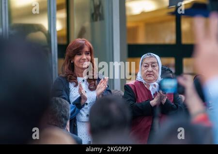 Buenos Aires, Argentina. 19th May, 2015. Hebe de Bonafini, historic leader of the Mothers of Plaza de Mayo and human rights activist accompanying former President Cristina Fernandez, at the time still in office, during a speech at the ESMA, one of the most infamous detention and torture centers during the 1976/83 dictatorship. Hebe de Bonafini died on Nov 20, 2022, aged 93 at the Hospital Italiano in La Plata, Buenos Aires. (Credit Image: © Patricio Murphy/SOPA Images via ZUMA Press Wire) Stock Photo
