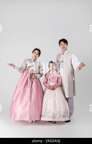 Korean family in Hanbok, isolated white background hurray Stock Photo ...