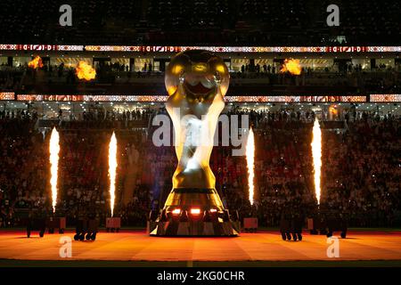 Al Khor, Qatar. 20th Nov, 2022. AL KHOR, QATAR - NOVEMBER 20: An inflatable World Cup trophy with fire is seen during the opening ceremony of the FIFA World Cup at Al Bayt Stadium on November 20, 2022 in Al Khor, Qatar. (Photo by Florencia Tan Jun/PxImages) Credit: Px Images/Alamy Live News Stock Photo