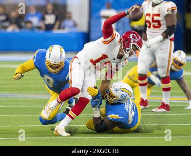 Inglewood, United States. 20th Nov, 2022. Kansas City Chiefs' quarterback Patrick Mahomes (15) gets sacked during the first half against the Los Angeles Chargers at SoFi Stadium in Inglewood, California on Sunday, November 20, 2022. Photo by Mike Goulding/UPI Credit: UPI/Alamy Live News Stock Photo