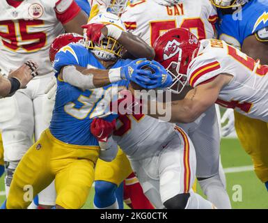 Inglewood, United States. 20th Nov, 2022. Los Angeles Chargers' running back Austin Ekeler (30) pushes out the ball blindly for a touchdown during the first half against the Kansas City Chiefs at SoFi Stadium in Inglewood, California on Sunday, November 20, 2022. Photo by Mike Goulding/UPI Credit: UPI/Alamy Live News Stock Photo
