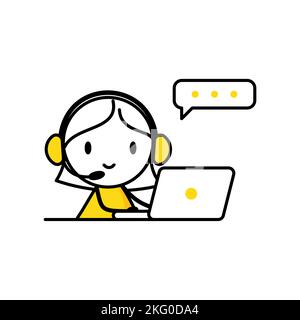 Support staff woman with headset talking with customer help fixing technical problem. Call center, online customer support concept. Vector stock illus Stock Vector