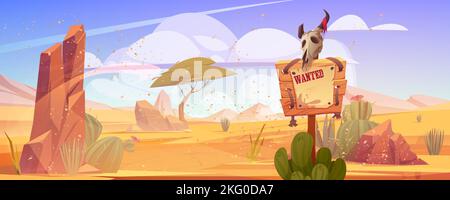 Sand storm in wild west desert landscape with wanted sign or banner, rocks, tree and cacti. Cartoon background for western game. Parchment hang on wooden board with animal skull, Vector illustration Stock Vector