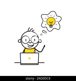 Man with laptop who has a light bulb above his head. Idea and creativity concept. Vector stock illustration Stock Vector