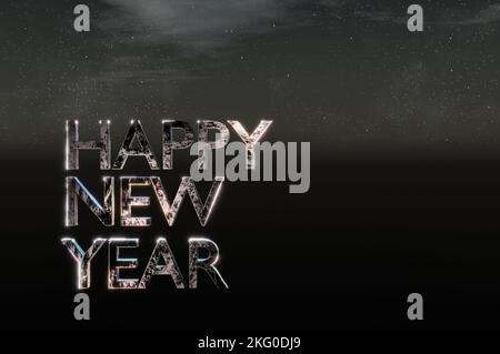 3D Illustration , 3d rendering . Happy New Year background on black sky . Stock Photo