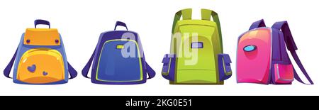 Kids school bags, backpacks or rucksacks with straps. Orange, blue, green and pink colored knapsack for boy or girl front and angle view. Student schoolbag isolated on white background, Vector set Stock Vector