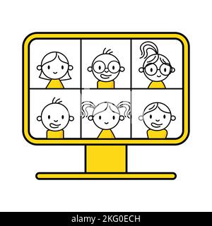 People group on computer screen taking with colleague. Videoconferencing and online meeting workspace concept. Vector stock illustration Stock Vector