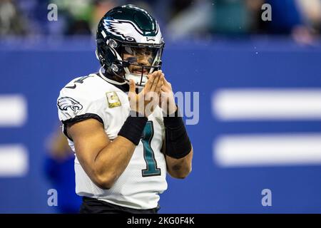 Indianapolis, Indiana, USA. 20th Nov, 2022. Philadelphia Eagles quarterback Jalen Hurts (1) during pregame of NFL game against the Indianapolis Colts in Indianapolis, Indiana. John Mersits/CSM/Alamy Live News Stock Photo